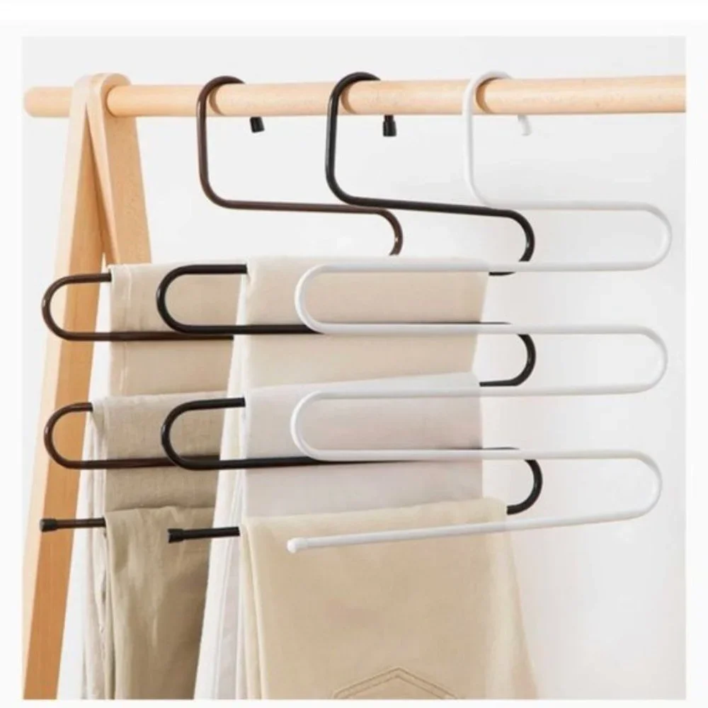 Heavy Duty S Shape Hanger 4 Pants Jeans Storage Rack Organizer Silver Metal 1 pc
